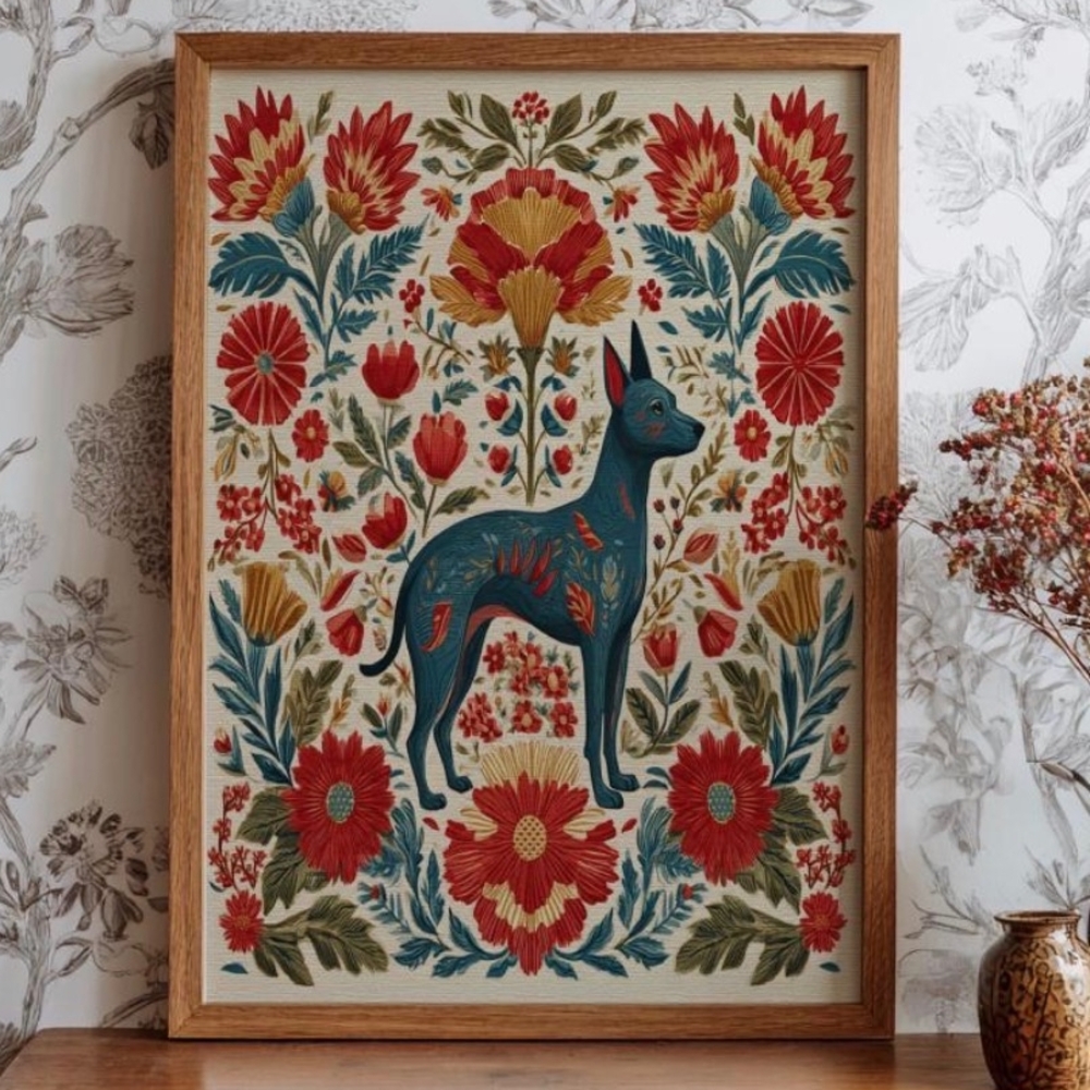 Xoloitzcuintle Mexican Dog Art– Aztec Folk Art, Mexican Hairless Dog Floral